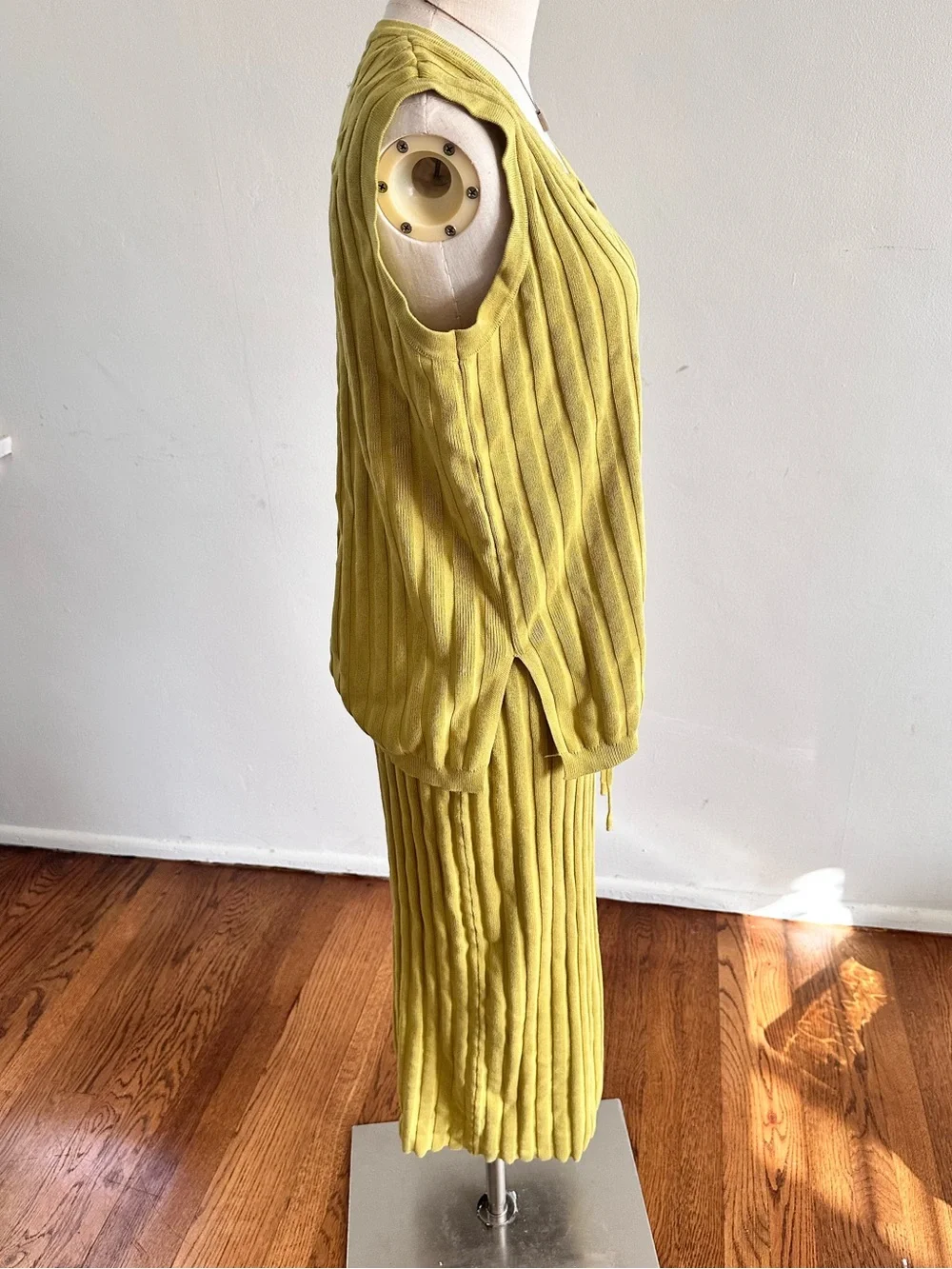 Ribbed Knit Chartreuse Two Piece Top & Midi Skirt Set Medium